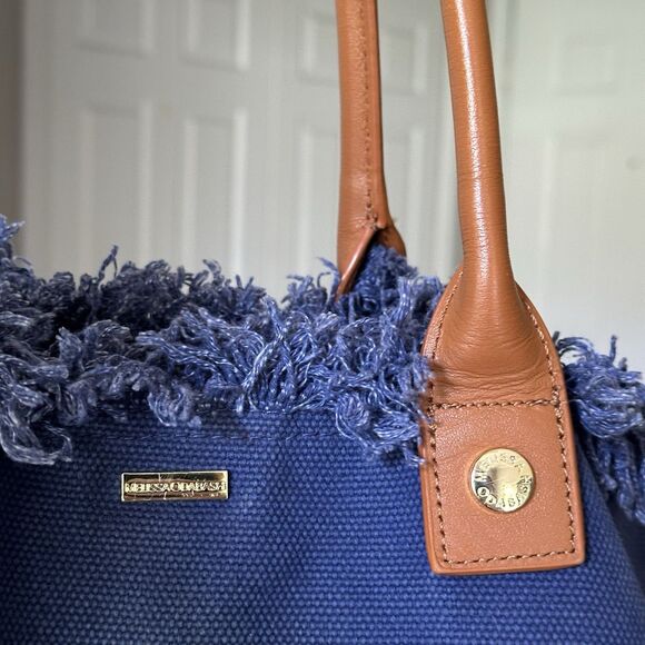Melissa Odabash Cap Ferrat tote bag in navy blue cotton with leather handles - Picture 5 of 11